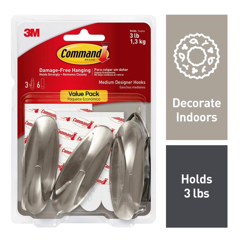 Command Designer Hooks, Medium, Brushed Nickel, 3-Hooks (17081BN-3ES), Great for