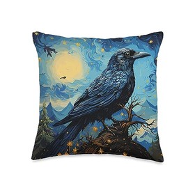 Starry Night Raven Black Crow Oil Painting Palette Knife Throw Pillow, 16x16, Multicolor