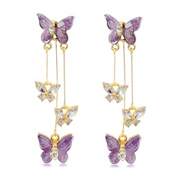 Crystal Butterfly Tassel Earrings for Girls Women,925 Sliver Needle, Busycon Sparkle Butterfly Rhinestone Earrings,CZ 3D butterfly Drop Dangle Earrings Fairy Earrings for Women Girls (purple)