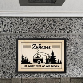 speecheese Zuhause ist Immer dort wo wir Parken Doormat in 35 x 50 cm with Camping Motifs for Campers Traveling Enthusiasts Hikers in the Forest on the Beach in the Mountains