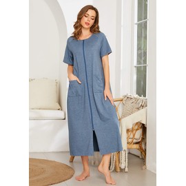 Ekouaer Women Short Sleeve Stripe Sleepwear Zip-Front A-line Bathrobe Long Robe