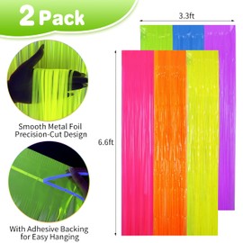 Glow in The Dark Tinsel Curtains 2 Pack - 3.3x6.6ft UV Reactive ‌Fluorescent Party Backdrop for Neon, Birthday, Pride Decorations, Pre-Taped, Lightweight Waterproof