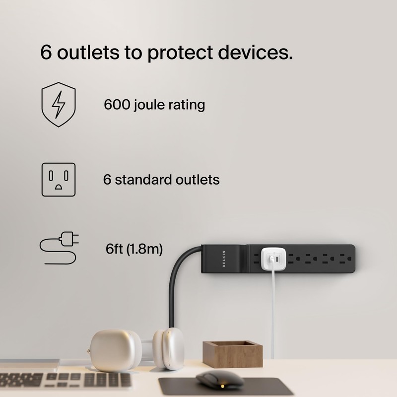 Belkin Surge Protector Power Strip with 6 AC Outlets, 6ft/1.8M