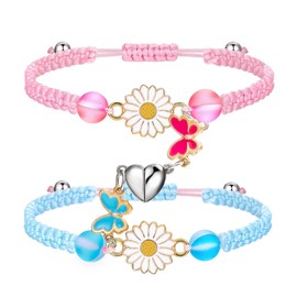 COLORFUL BLING 2Pcs Set Love Heart BFF Rope Adjustable Bracelet Daisy Yin Yang Butterfly Enamel Strand Wrap Best Friend Friendship Bracelet Split Heart Forever for Women Men