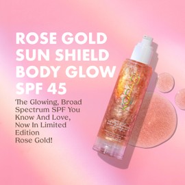Kopari Kopari Sun Shield Body Glow, Broad Spectrum SPF 45, Lightweight Shimmering Gel Texture Absorbs Quickly, Non Sticky, Glowing Results, Rose Gold 5 oz