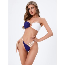 WDIRARA Women's Two Tone Cut Out Strapless Ring Bikini Swimsuit 2 Pieces Bathing Suits Multicolor XL