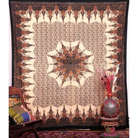 Popular Handicrafts Hippie Mandala Intricate Floral Design Indian Bedspread Tapestry 84x90 Inches,(215cmsx230cms) Brown Black