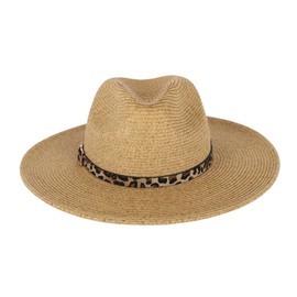Karen Keith Women's Braided Toyo Fedora Sun Hat with Leopard Hat Band, Tan