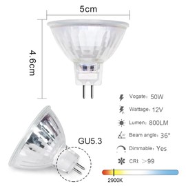 MR16 Halogen Bulbs 50w 12V GU5.3 Dimmable Spotlight Warm White 2900K MR16 4000Hrs 36° Beam Angle Glass Cover Replacement for Recessed Lighting Fixture (6 Pack)