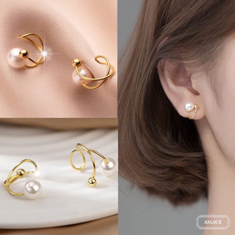AXLUCE Earrings, Women's, 925 Silver, Ear Cuff, Hypoallergenic, Pearl, Silver