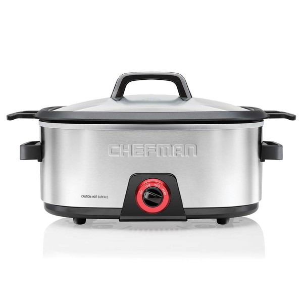 Chefman 6-Quart Slow Cooker, Electric Countertop Cooking, Stovetop & Oven-Safe Removable Insert for Browning & Sautéing, Family-Size Soups & Stews, Nonstick & Dishwasher-Safe Interior,Stainless Steel