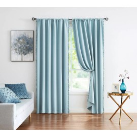 TREATMENTEX Pom-Pom Blue Curtains Living Room 84 inches Energy Efficient Ther...