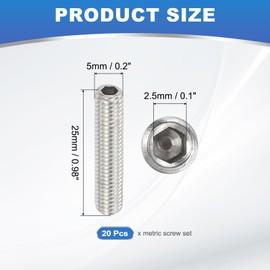 PATIKIL 20 Pcs Hex Socket Grub Screw, M5x25mm Flat Point Grub Bolt 304 Stainless Steel Head Socket Set Screws for Door Handles Light Fixture Repair
