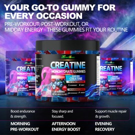 tsunshnes Creatine Monohydrate Chewables 5g (5000mg), Sugar-Free Creatine, Pre-Workout Energy, Veg, Non-GMO, Unisex - 120 Count Cherry Flavor with Blueberry Flavor