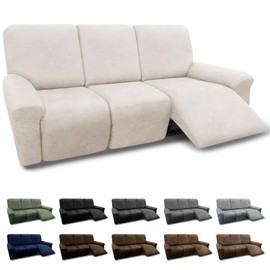 Pfrstuv Couch Cover 8-Pieces Sofa Covers Washable Recliner Sofa Covers 3 Seater Leather Look Recliner Slipcovers with Pockets Spandex Fabric Furniture Covers(Recliner Sofa, Beige)