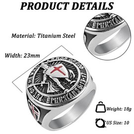 WOVTE Men's Red Cross Rings, Vintage Knight Templar Titanium Steel Rings for Men Christian Spiritual Warfare Religious Jewelry Gifts, Size 10