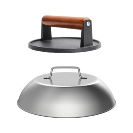 SafBbcue Round Cast Iron Smash Burger Grill Weight Press Tool & Griddle Steamer Melting Dome 12" Round Stainless Steel Basting Cover for Blackstone Griddle, Griddle Food Cover Dome for Flat Top Grills