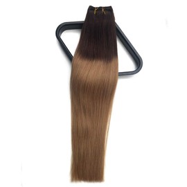 Blonde Clip in Hair Extensions Skin Weft Remy Brazilian Hair Extension 18" 7Pcs 120g Ombre Medium Brown to Strawberry Blonde Highlighted Full Head Straight Soft Thick for Women(#4T27)