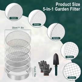 8Pcs Stainless Steel Soil Sieve Set, Garden Sieve Potting Mesh Sieve with 5 Interchangeable Sifting Pan(1-3-6-9-12 mm), Compost Sieve for Soil, Stones, Weeds, Cat Litter, with Spade and Gloves