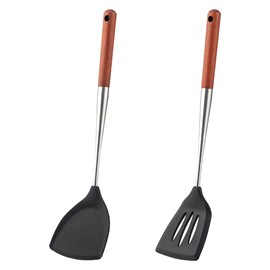 FJNATINH Silicone Wok Spatula,Slotted Spatulas,Ladle,Skimmer Ladle Tool Set,Non Stick Heat-Resistant Cooking Utensils BPA Free Kitchen Utensils Cookware Wooden Handle (Walnut Handle-Spatulas 2PCS)