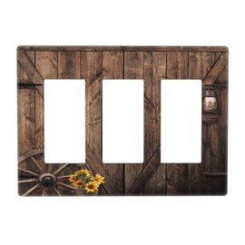 Western Vintage Farmhouse Wood Board Retro 3 Gang Triple Rocker/GFCI Light Switch Wall Plate Cover Rustic Barn Door Electrical Faceplate Brown Wooden Countryside Living Room Bedroom Decor Screwless