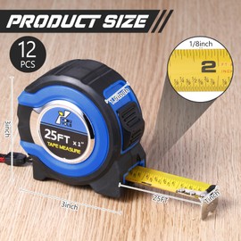 Youyole 12 Pack Tape Measure with Fractions 1/8 Steel Measuring Tape Retractable Easy Read Measurement Tape Steel Power Tape Blade Tape Measure (25 ft X 1 in,Blue)
