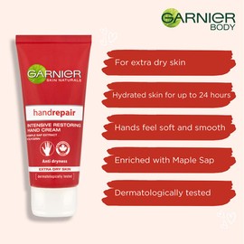 Garnier Hand Repair Intensive Restoring Hand Cream 100 ml, Nourishing Canadian Maple Sap and Moisturising Glycerin, Leaves Skin Soft and Supple, Restores Extra Dry Hands, Suitable For Sensitive Skin