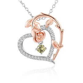SNZM Birthstone Necklace for Women 925 Sterling Silver Heart Love Story Rose Flower Jewelry Pendant Necklaces-Birthday Anniversary Valentines Gift for Mother Daughter Wife (08- Aug-Peridot)