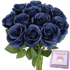 JUSMAI 12pcs Roses Artificial Flowers Navy Blue Fake Roses Flowers with Long Stems Silk Flowers for Wedding Bouquet Centerpices Decorations Party Bridal Baby Shower Home Decor