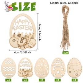 MELLIEX Pack of 20 Easter Eggs Wooden Pendants, Easter Decoration Made of Wood, Easter Pendants for Painting, Easter Jewellery, Wooden for Hanging Ornaments with Jute Rope