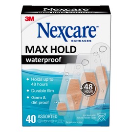 Nexcare Max Hold Waterproof Bandages, Contours To Hard-To-Fit Places, Like Heels, The Hand, Knees, And Fingers, Assorted Sizes, 40 Count