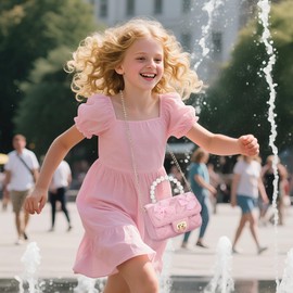 LJCTULY Toddler Purse with Pearl Handle, Pink | Bow Decorated Girls Purse with Heart Lock, Adjustable Chain Strap, Perfect for Party/Dress - up