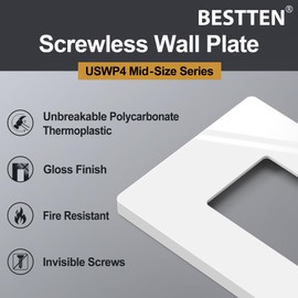 BESTTEN [10 Pack] Midsize Screwless Wall Plate, USWP4 Glossy Off White, Midway Decor Outlet Cover, Midsized Switch Plate, 1 Gang, H4.88" x W3.11"