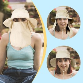 ehsbuy Fishing Hat Men's Wide Brim Mesh Tropical Hat Safari Hat Foldable Sun Hat with Face Cover Neck Flap, beige