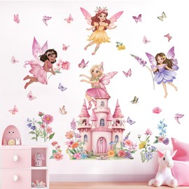 wondever Flower Fairy Castle Wall Stickers Elves Butterfly Girl Floral Peel and Stick Wall Art Decals for Baby Nursery Kids Girls Bedroom