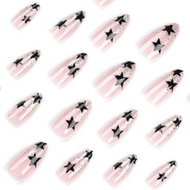 Press On Nails Stick On Nails, Flower Summer Cute Designed Beauty Pattern in Glue on Nails, Fake Nails, Short Square Almond Long Ballet Shape on 24PCS (Almond Star Glitter)