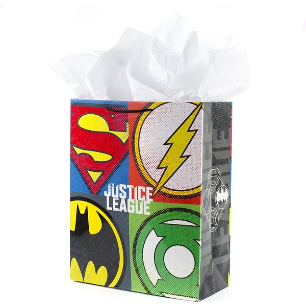 Hallmark 15" Extra Large Justice League Gift Bag with Tissue Paper (Superhero Logos) for Birthdays, Graduations, Father's Day, Christmas, Any Occasion
