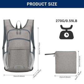 KAMEUN Small Hiking Backpack for Men, Lightweight & Foldable Daypack 10L- Waterproof Travel Rucksack -Made of Canvas Back Pack for Women, Men for Work, Camping, Walking- Grey
