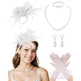 Fascinator Hat for Women Tea Party Hats Mesh Veil Headband Tea Party Headpiece and Lace Glove Set for Women