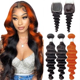 Ombre Bundles Human Hair with Closure 1b350 Bundles with Closure Loose Deep Wave 18inch 20inch Balck Bundles 22inch Ginger Bundle and 18inch Black Closure for DIY Ombre Ginger Hair 150Density