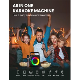 Karaoke Machine with Two Wireless Microphones, Portable Karaoke Machine for Adults & Kids, Portable Bluetooth Speaker with PA System, LED Lights, Supports TF Card/USB, AUX in, FM, USB,TWS (Black)…