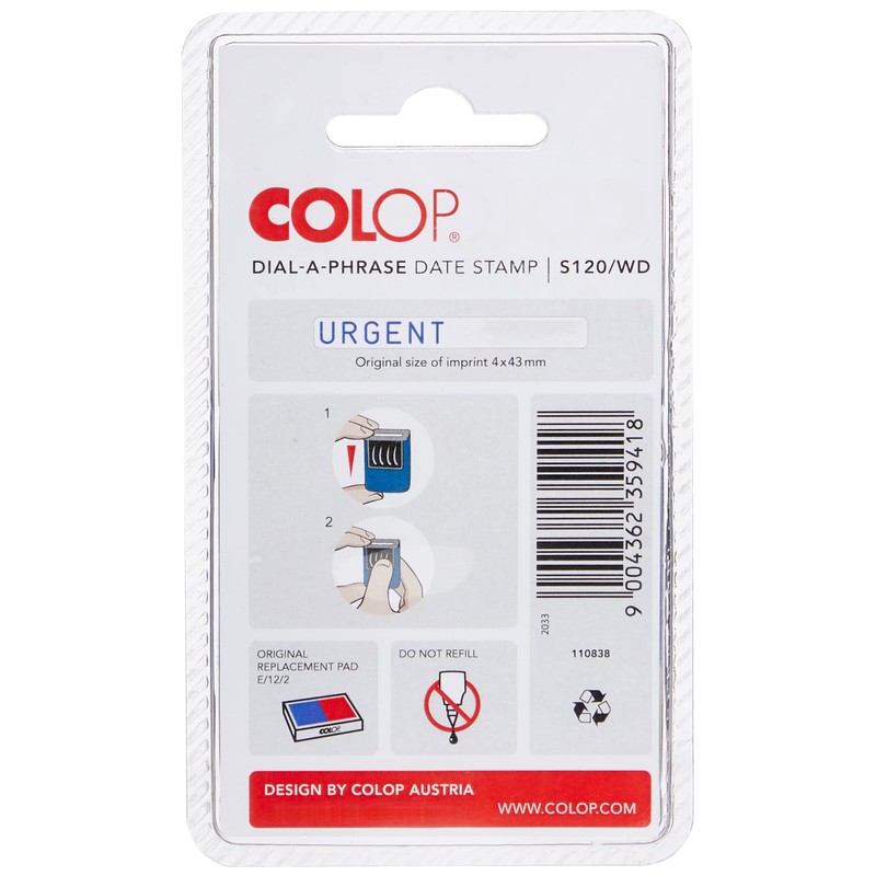 Colop S120/WD Dial-A-Phrase-Dater Stamp Self-Inking 12 Phrases Imprint 43x4mm Red/Blue