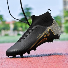 UYO Boys' Soccer Shoes Kids Firm Ground Soccer Cleats Girls Turf Shoes Outdoor Trainning High Top Youth Football Shoe Black EU 37