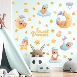 Baby Nursery Decor Bear Sleeping on The Moon and Stars Wall Stickers & Murals Kid Wall Sticker Sweet Dreams Wall Decal Removable Wall Art Gift for Boys Girls Bedroom Living Room Decoration Accessories