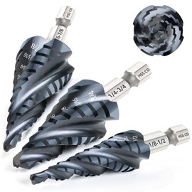 Matework M35 Cobalt Step Drill Bit Set, Four Spiral Flute Unibit Step Drill Bits (1/8"-7/8") Wear-Resistant TiAlN Coated, 1/4" Hex Shank for Metal, Carbon Steel, Stainless Steel, Wood, Plastic (3Pcs)
