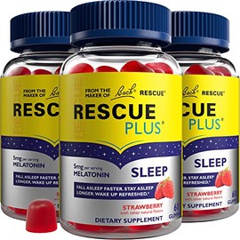Bach RESCUE PLUS - Gomitas de melatonina para dormir, sabor natural de fresa, ayuda para dormir, suplemento dietético, vegano, sin gluten, sin sabores