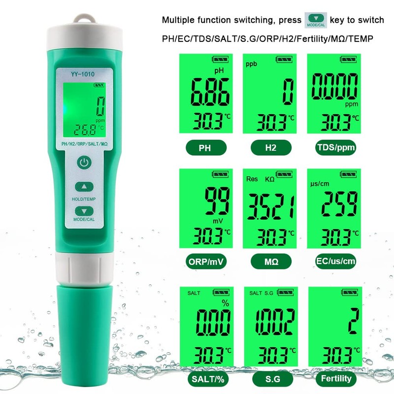 Hydrogen Water Tester 10 in 1 Resistivity/Fertility/H2/pH/TDS/EC/ORP/S.G/Salt/Temp Meter with ATC