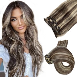 Clip in Hair Extensions Real Human Hair, Dark Brown Balayage Blonde Highlights Real Hair Extensions Clip ins, 7 Pieces 70G Hair Extensions Clip in Human Hair Double Wefts 14 Inch Clip on Extensions