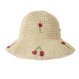 Minache Women Wide Brim Straw Sun Hat Summer Foldable Beach Hat UV Protection Travel Floppy Hat, Beige-Cherry