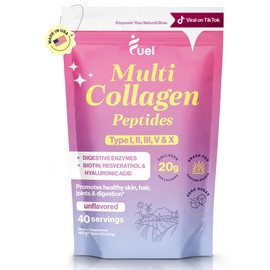 Fuel Multi Collagen Peptides Powder – 20g Hydrolyzed Collagen I, II, III, V & X for Hair, Skin, Nails & Joint Support – Better Absorption – Keto & Gluten Free, Unflavored 9.31oz